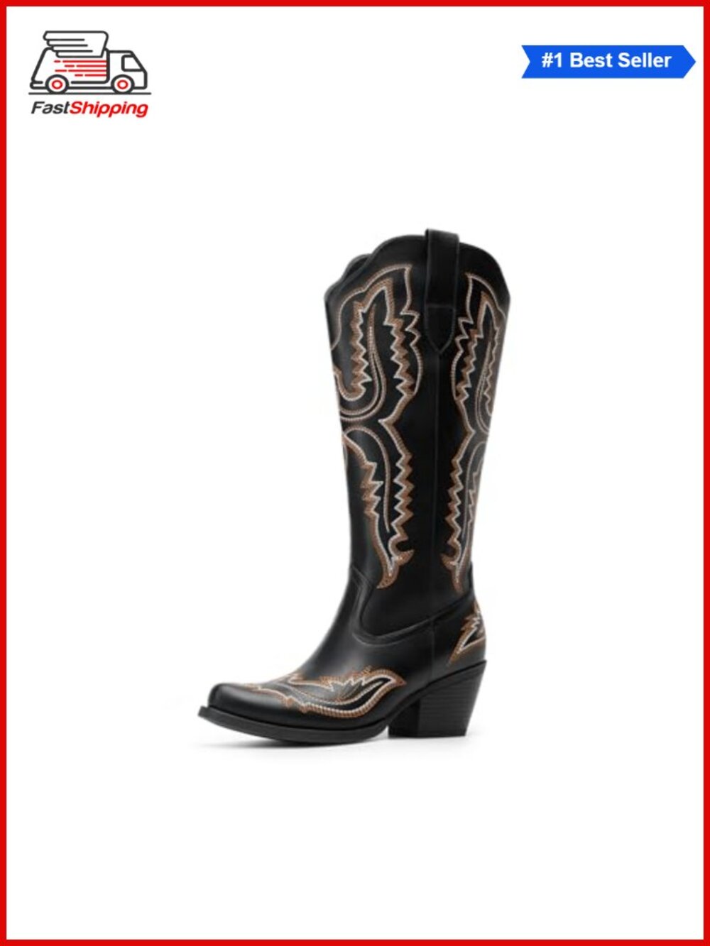 ✨ Knee High Western Cowboy Boots Women Square Toe Faux Leather